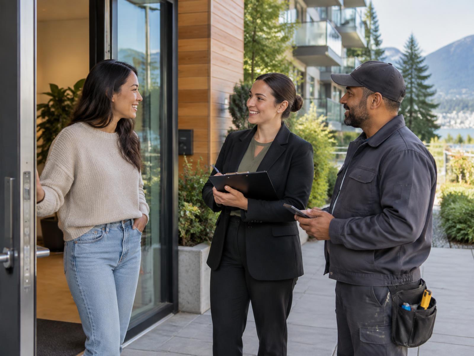 A resident, property manager and maintenance professional meeting at a Canadian apartment