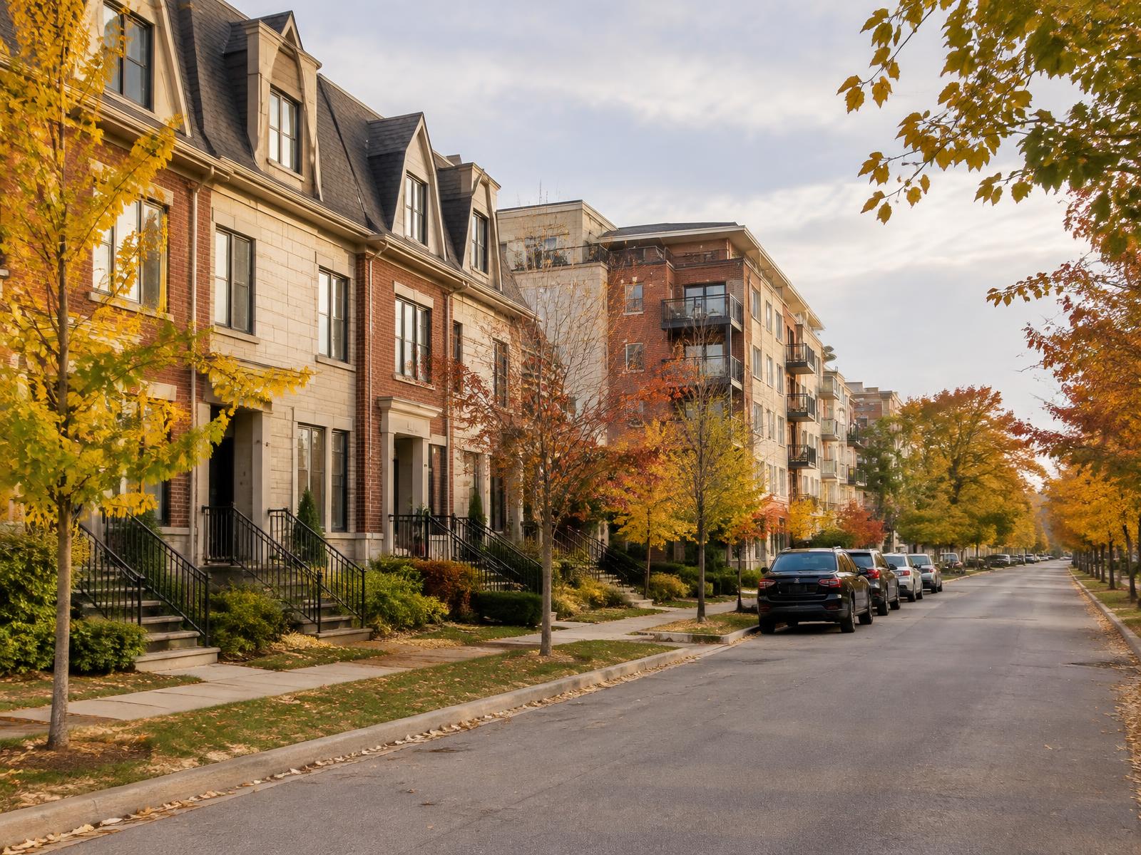 A quiet Canadian residential street with townhouses in autumn