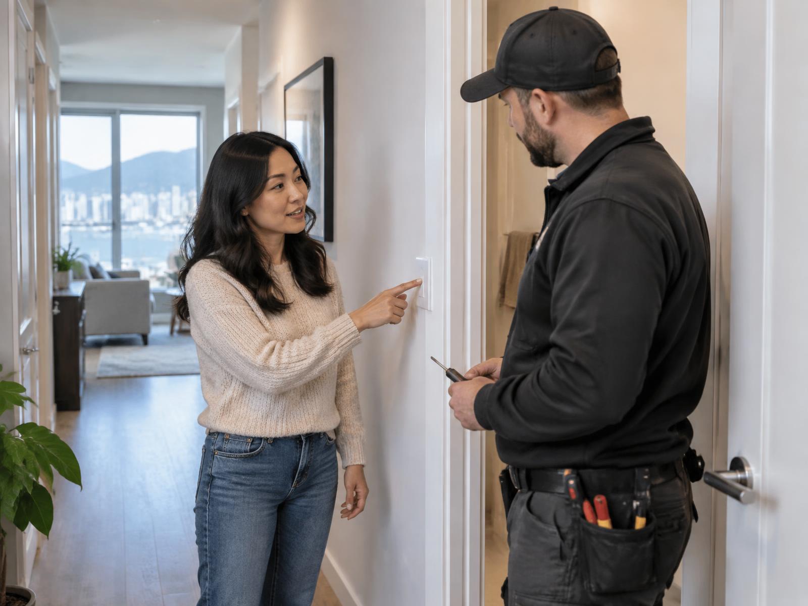 A renter discussing a small apartment repair with a maintenance professional